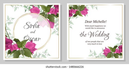 Template for a wedding invitation. Bougainvillea flowers, green plants and leaves.