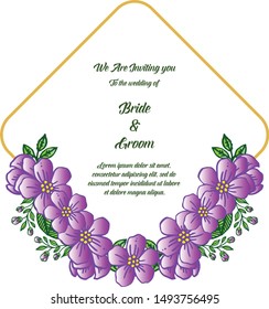 Template of wedding invitation for bride and groom, with art of purple wreath frame. Vector