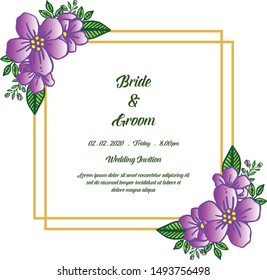 Template of wedding invitation for bride and groom, with art of purple wreath frame. Vector