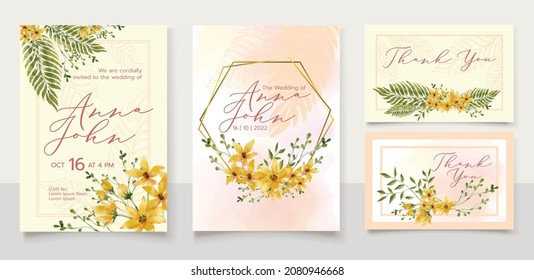 Plantilla de juego de diseño de tarjeta de invitación de boda. Flores acuáticas dibujadas a mano ramo, follaje y hojas tropicales verdes con marco hexagonal dorado y fondo amarillo pastel, rosa y melocotón.