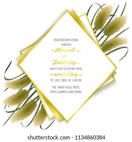 Template wedding invitation card on white background with miscanthus in watercolor style. Classic square mock up, template for greeting, birthday cards, invites, covers and posters with text place.