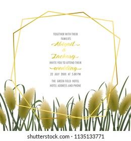 Template wedding invitation card on white background with miscanthus in watercolor style. Classic square mock up, template for greeting, birthday cards, invites, covers and posters with text place.