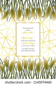 Template wedding invitation card on gold geometric background with miscanthus in watercolor style. A4 mock up, template for greeting, birthday cards, invites, covers and posters with text place.