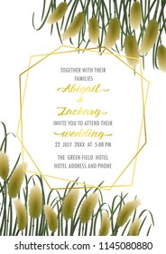 Template wedding invitation card on white background with miscanthus in watercolor style. Classic A4 mock up, template for greeting, birthday cards, invites, covers and posters with text place.