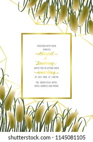 Template wedding invitation card on gold geometric background with miscanthus in watercolor style. A4 mock up, template for greeting, birthday cards, invites, covers and posters with text place.