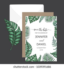 Template for wedding invitation. Card vector illustration with tropical palm leaves.