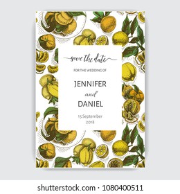 Template for wedding invitation. Card vector illustration with citrus fruits.