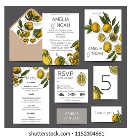 Template for wedding invitation. Card vector illustration with citrus fruits.