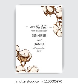 Template for wedding invitation. Card vector illustration with cotton.