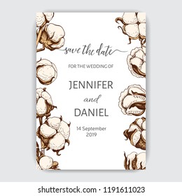 Template for wedding invitation. Card vector illustration with cotton.