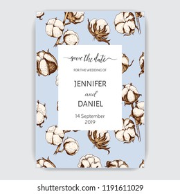 Template for wedding invitation. Card vector illustration with cotton.