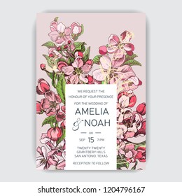 Template for wedding invitation. Card vector illustration with apple blossom.