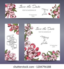 Template for wedding invitation. Card vector illustration with apple blossom.
