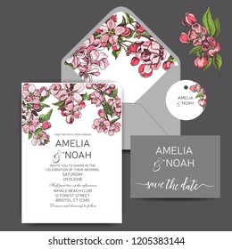 Template for wedding invitation. Card vector illustration with apple blossom.