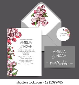 Template for wedding invitation. Card vector illustration with apple blossom.