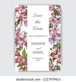 Template for wedding invitation. Card vector illustration with apple blossom.