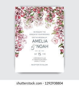 Template for wedding invitation. Card vector illustration with apple blossom.