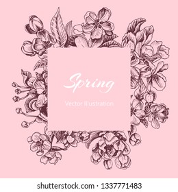 Template for wedding invitation. Card vector illustration with apple blossom.