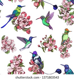 Template for wedding invitation. Card vector illustration with apple blossom and hummingbird.
