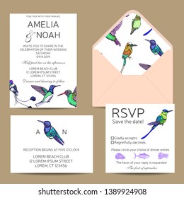 Template for wedding invitation. Card vector illustration with hummingbird.