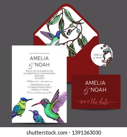 Template for wedding invitation. Card vector illustration with hummingbird, eucalyptus flowers and leaves.