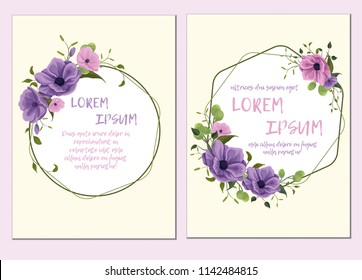 Template of the wedding invitation, cards. Imitation of watercolor. Design of flowers, twigs, foliage, grass. Delicate pastel colors: pink, purple, violet, green. With a geometry frame.