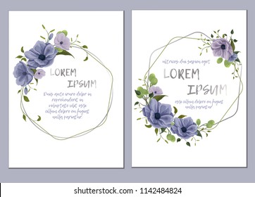 Template of the wedding invitation, cards. Imitation of watercolor. Design of flowers, twigs, foliage, grass. Delicate pastel colors: white, dark blue, pink, green. With a geomagnetic silver frame.