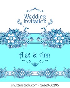 Template Wedding Invitation or congratulation with abstract flowers or bouquet in blue white or for Post Card or for flourish decoration flyer or banner of cosmetic or perfume