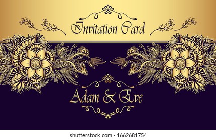 Template Wedding Invitation or congratulation with abstract flowers or bouquet in gold on dark
or for Post Card or for flourish decoration flyer or banner of cosmetic or perfume
