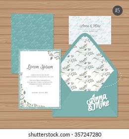 Template wedding invitation and envelope with floral ornament. Greeting card and envelope mock up. Vector illustration.