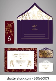 Template wedding invitation and envelope with floral golden ornament. Greeting card design. Vector illustration.