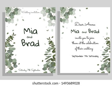 Template for a wedding invitation. Eucalyptus, green leaves and plants.