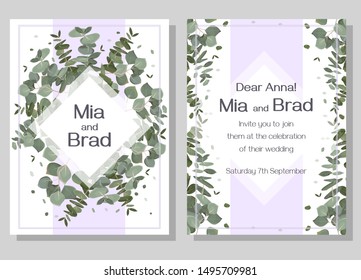 Template for a wedding invitation. Eucalyptus, green leaves and plants.