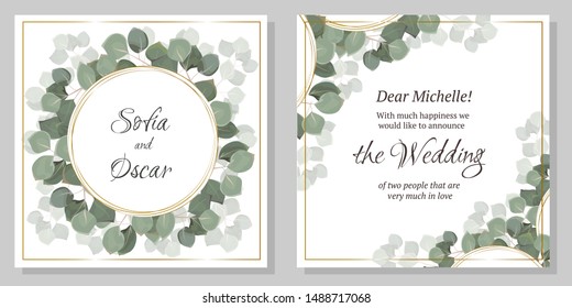 Template for a wedding invitation. Green eucalyptus, round golden frame.