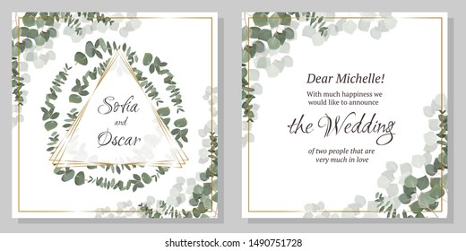 Template for a wedding invitation. Green eucalyptus, triangle golden frame.