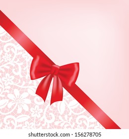 Template for wedding, invitation or greeting card with lace fabric background with ribbon bow