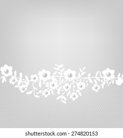 Template for wedding, invitation or greeting card with white lace border on gray background