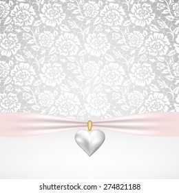 Template for wedding, invitation or greeting card with lace fabric background and pearl heart pendant