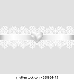 Template for wedding, invitation or greeting card with lace fabric background and pearl heart