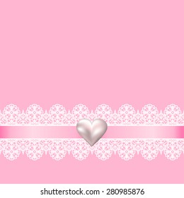 Template for wedding, invitation or greeting card with lace fabric background and pearl heart