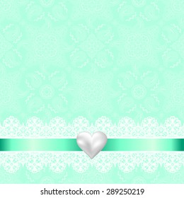 Template for wedding, invitation or greeting card with lace fabric background and pearl heart