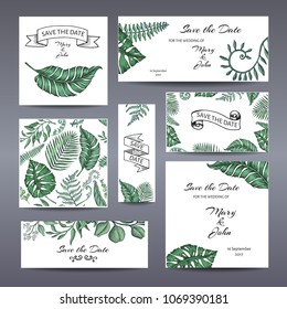 Template for wedding invitation. Illustration with exotic leaves.