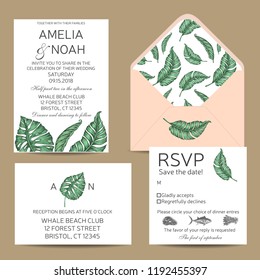 Template for wedding invitation. Illustration with exotic leaves.