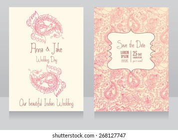 template for wedding invitation in indian style, traditional paisley ornament, vector illustration