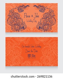 template for wedding invitation in Indian style, traditional paisley ornament, vector illustration