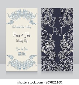 template for wedding invitation in Indian style, traditional paisley ornament, vector illustration