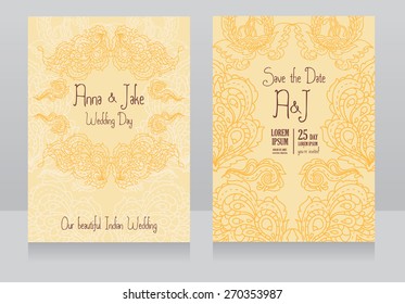template for wedding invitation in Indian style, traditional paisley ornament, vector illustration