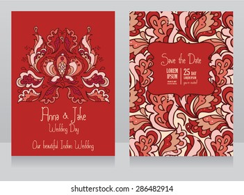 template for wedding invitation in Indian style, traditional paisley ornament, vector illustration
