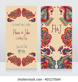 template for wedding invitation in Indian style, traditional paisley ornament, vector illustration