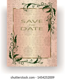 Template wedding invitation or invitations to another celebration, birthday. Dark green vintage pattern and golden frame. Background from a vintage substrate. Vector illustration.